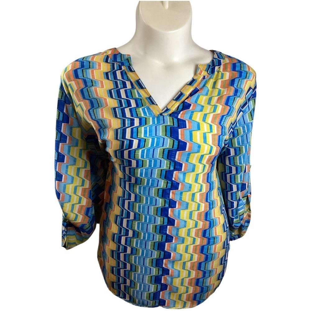 TOP-105 Cato Blue and Yellow Zigzag Blouse, Plus Size 4X (22/24)